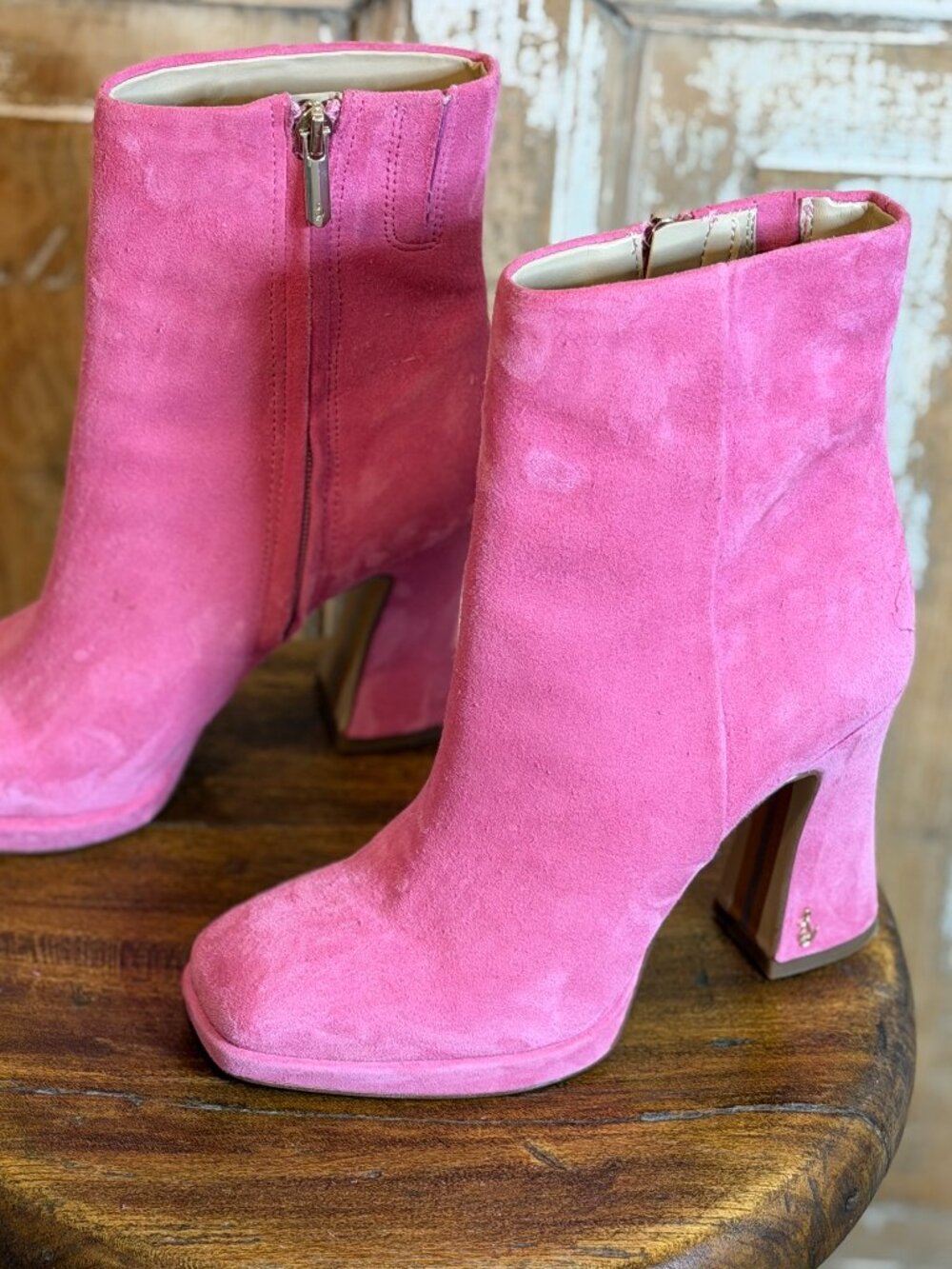 Sam Edelman Jaye Pink Suede Square Toe Platform Block Heel Ankle Boots Size 6.5